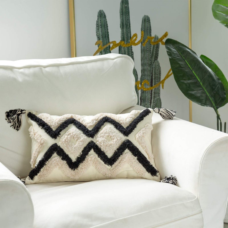 Snugtown Woven Tufted Boho Lumbar Throw Pillow Cover, Modern Decorative Geometric Chevron Cushion with Tassels, Farmhouse Tribal Pillowcase for Couch Sofa Bedroom Living Room, 12 x 20 Inches, Black, Ivory - Image 4